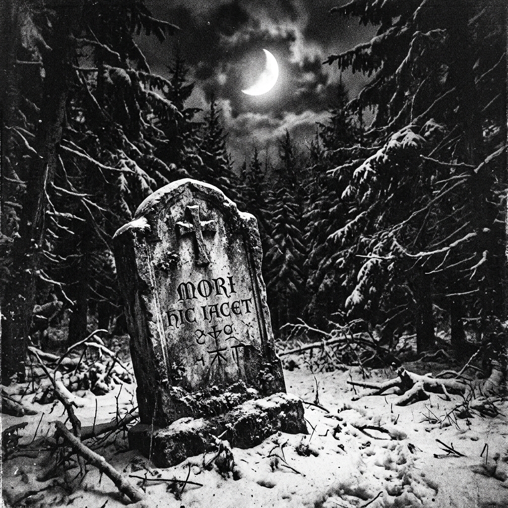Ancient Tombstone in Snow Forest